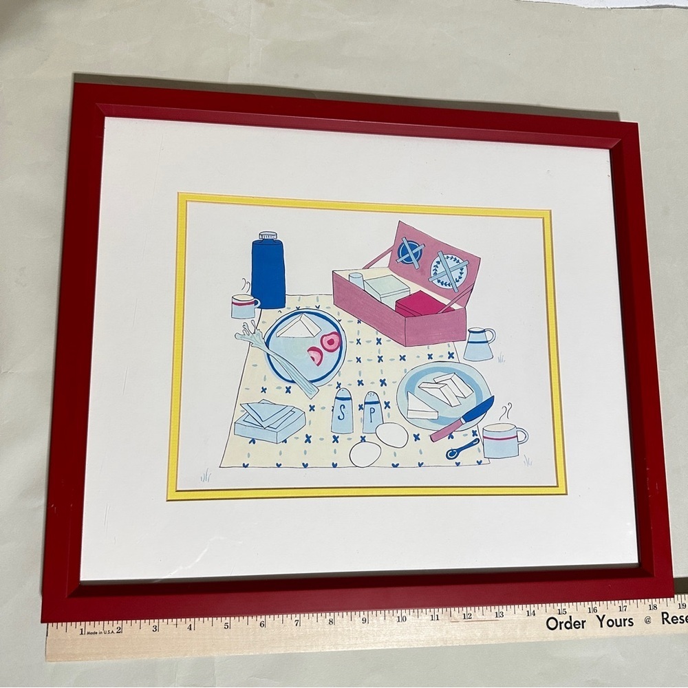 👉 Vintage Picnic Lunch Illustration – Framed Art Print with Red Frame by Art.com